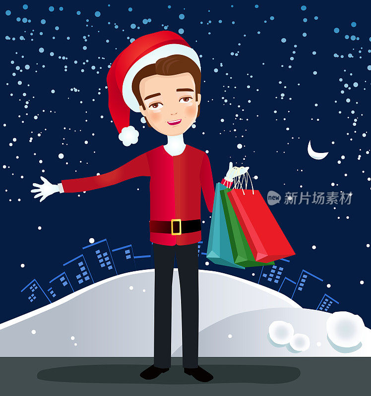 一个英俊的年轻人穿着圣诞老人的衣服去买圣诞礼物。