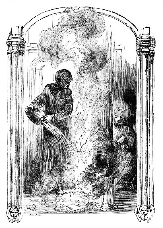 耶稣在恩典之火上浇油，《天路历程》中撒旦用水浇火，17世纪英国文学