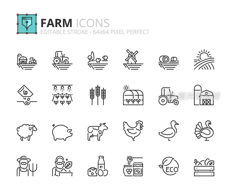 关于农场的简单轮廓图标集