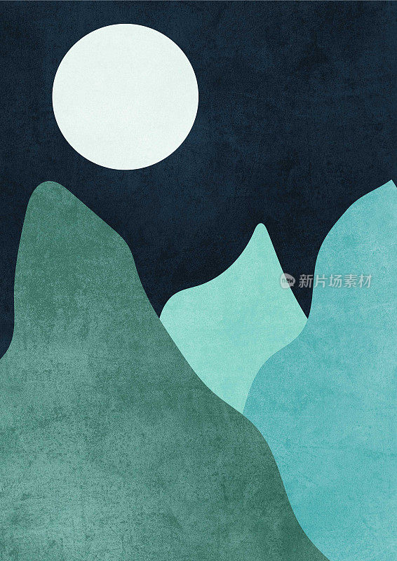 抽象的山在不规则的形状和满月在深蓝色的背景。悲凉而夜的冬景。具象垂直艺术插图。