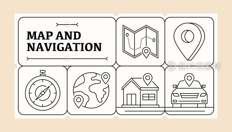 地图和导航线图标集和横幅设计