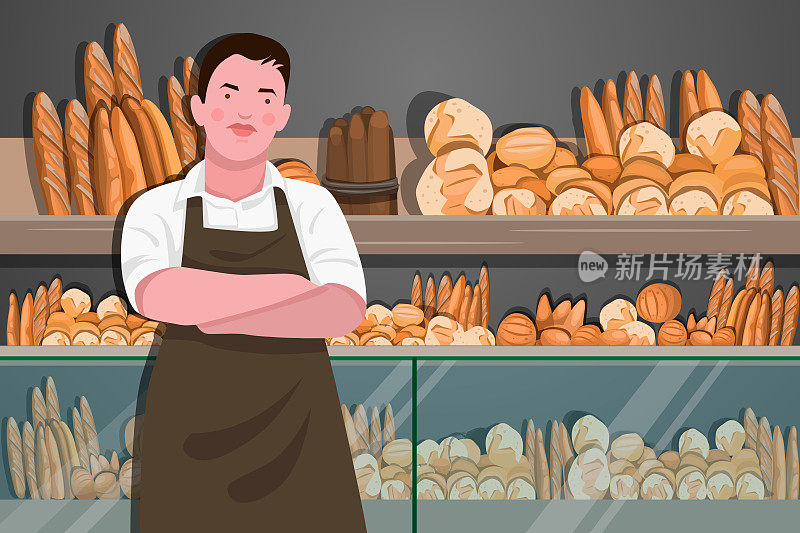 美丽的年轻男性面包师站在面包店前微笑