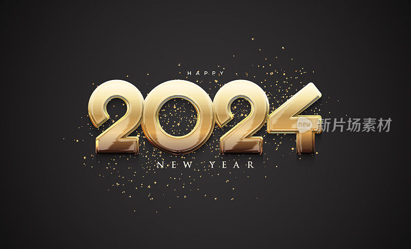 数字2024矢量设计快乐的新年2024庆祝活动。优雅的金色数字。为横幅，海报，社会职位和新年问候的优质矢量设计。