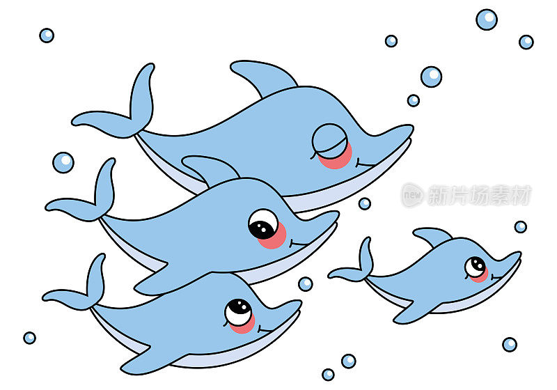 海豚的家庭。可爱的海豚。海洋，海洋动物矢量插图