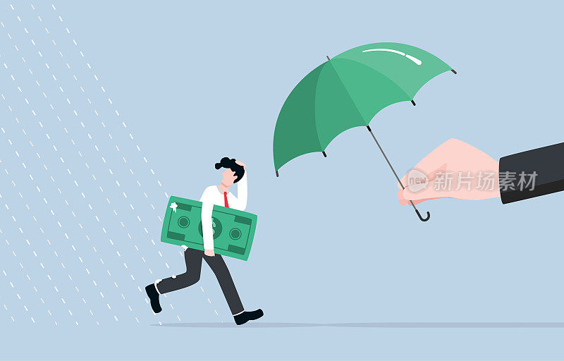 经济衰退期间帮助公民的政策回应，财政和货币刺激，商业帮助概念，商人拿着钞票躲避雨，用巨大的手撑着伞。