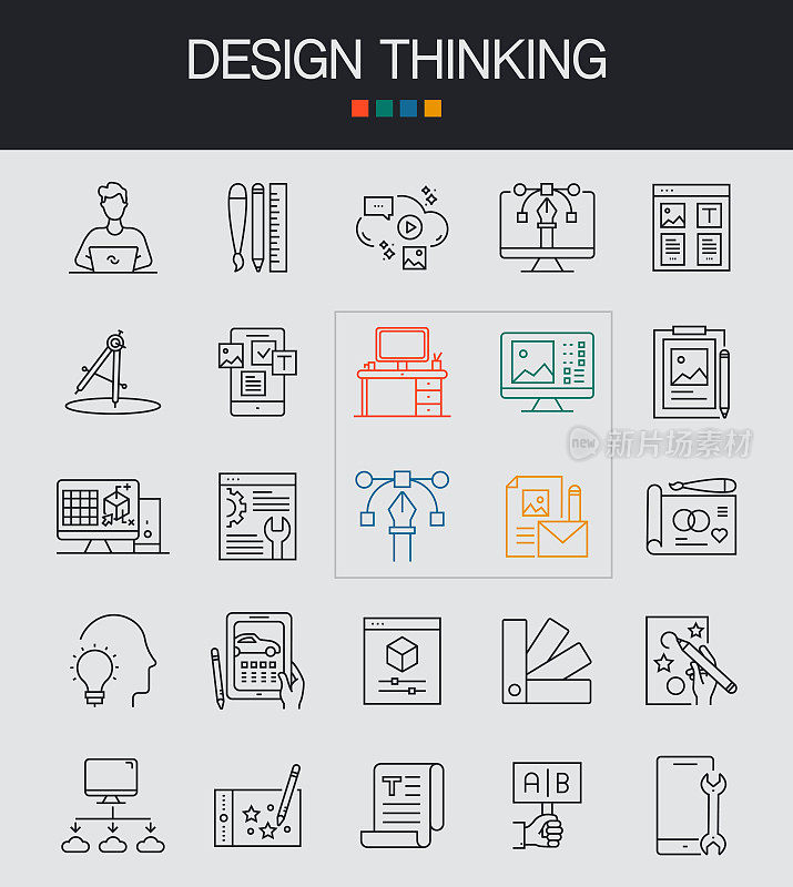 设计思维线图标可编辑笔画。设计，创意，原型，设计师，头脑风暴，设计软件