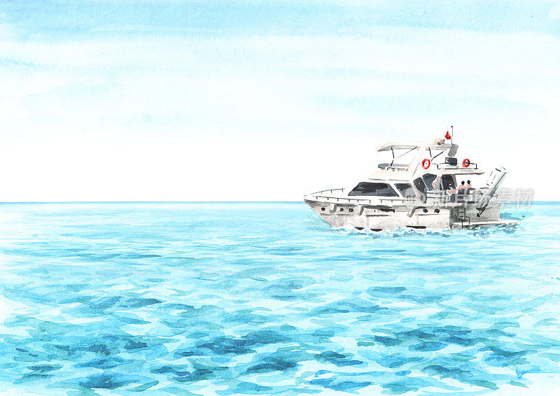 海上小船，游艇上的海浪和蓝天。手绘水彩插图孤立的白色背景