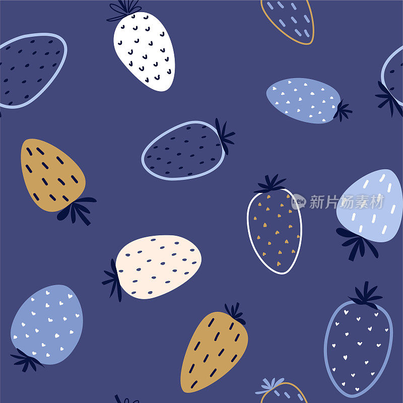 无缝矢量模式与可爱的彩色草莓在不同的模式上的蓝色背景在平面风格。