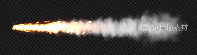 真实的白烟带火，太空火箭发射轨迹。起火了，爆炸了。导弹或子弹的痕迹。喷气式飞机的轨道。烟云，雾。蒸汽流量。矢量图