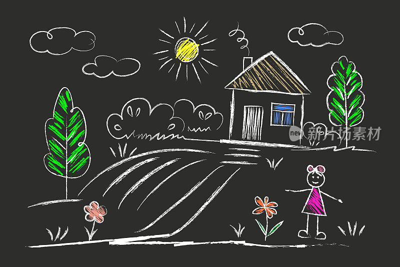 房子、太阳、女孩、树、花——孩子们用粉笔在柏油路上或学校的黑板上涂鸦。黑白背景上的白色线条和颜色着色