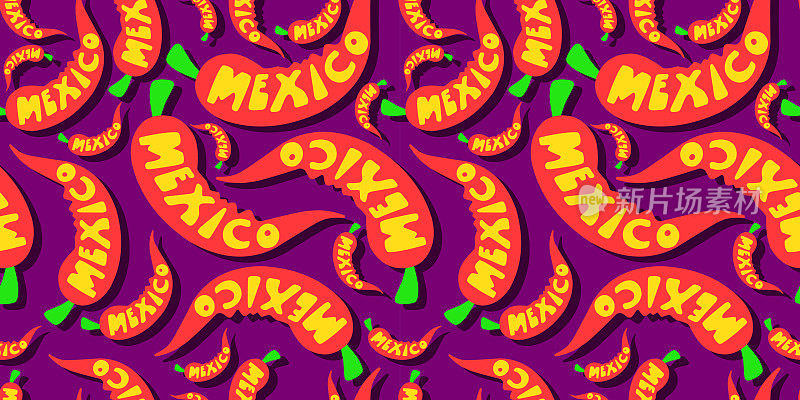 红辣椒。辣椒是墨西哥美食的象征。辣椒的背景上刻着“墨西哥”字样。无缝模式。