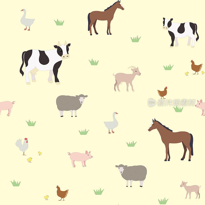 农场动物图案，牛、猪、马、羊。山羊，鸡，鹅，家禽，卡通风格的动物集。向量的背景