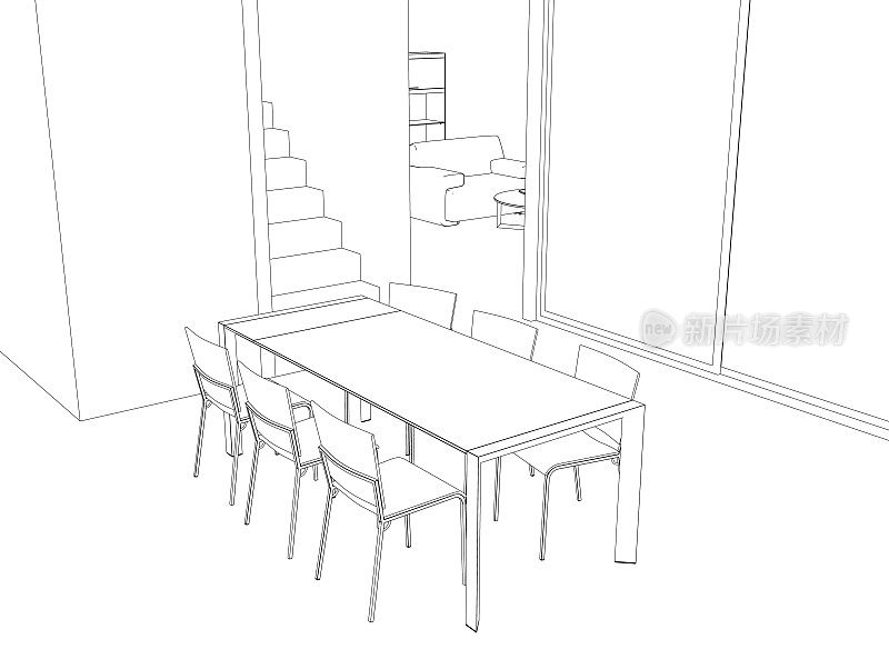 轮廓餐厅家庭内部图形黑白素描插图矢量。餐桌椅采用等高线艺术画风。经典风格的餐厅家具。矢量图