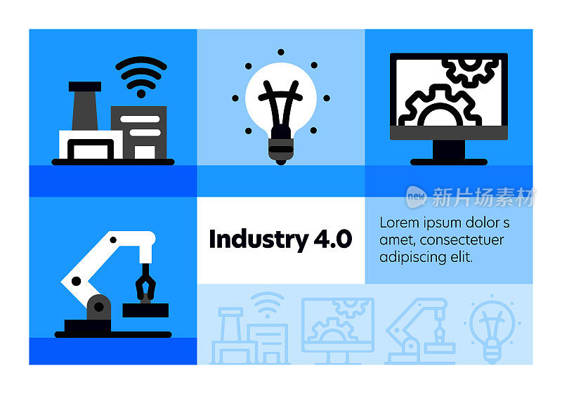 工业4.0线图标集和横幅设计。