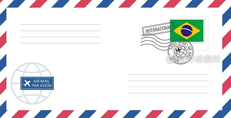 空白航空信封，贴巴西邮票。明信片矢量插图与巴西国旗隔离在白色背景上。