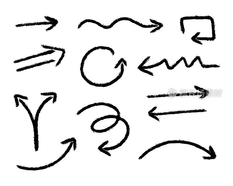 手绘箭头矢量。垃圾素描手工涂鸦图标