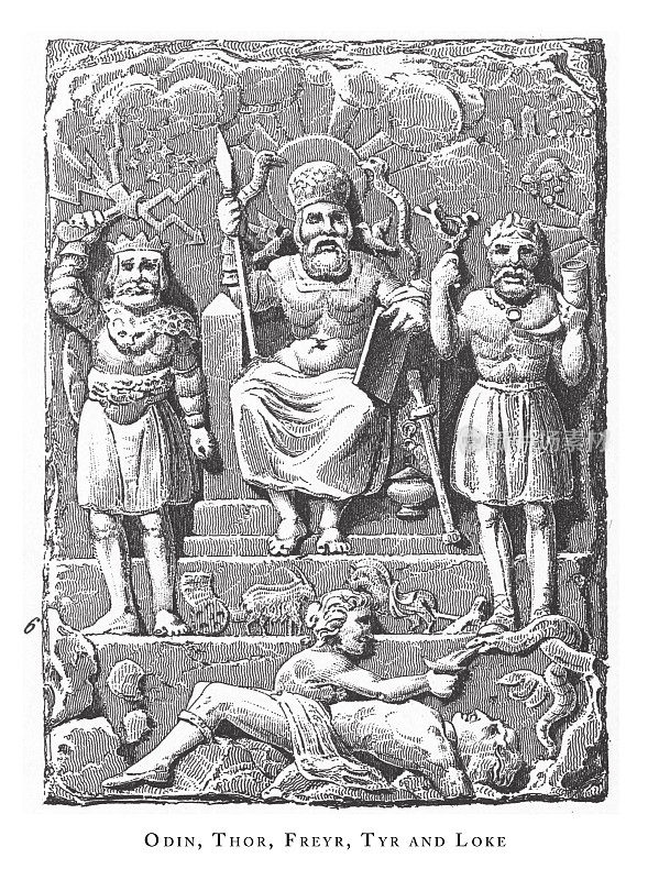 奥丁、托尔、弗雷尔、提尔和洛克:中国崇拜场景、古代中东诸神和偶像北欧诸神，雕刻古董插图，出版于1851年