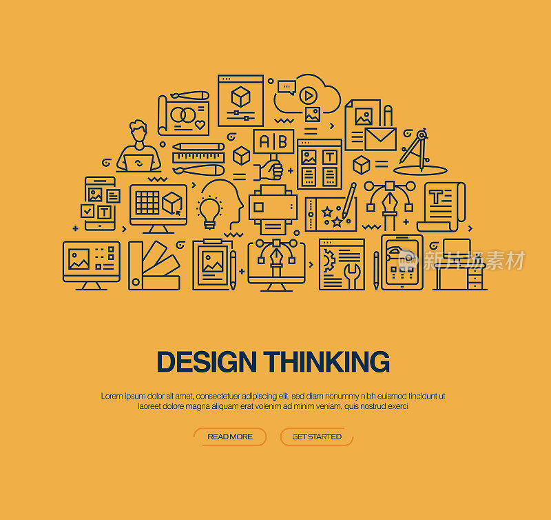 设计思维相关的矢量横幅设计概念。全局多球体随时可用的模板。网页横幅，网站标题，杂志，移动应用程序等。现代设计。