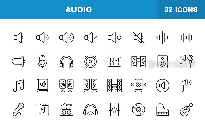 音频线路图标。可编辑的中风。包含诸如声音，音量，音乐，声波，立体声，混音器，扬声器，耳机，收音机，麦克风，耳机，说话等图标。