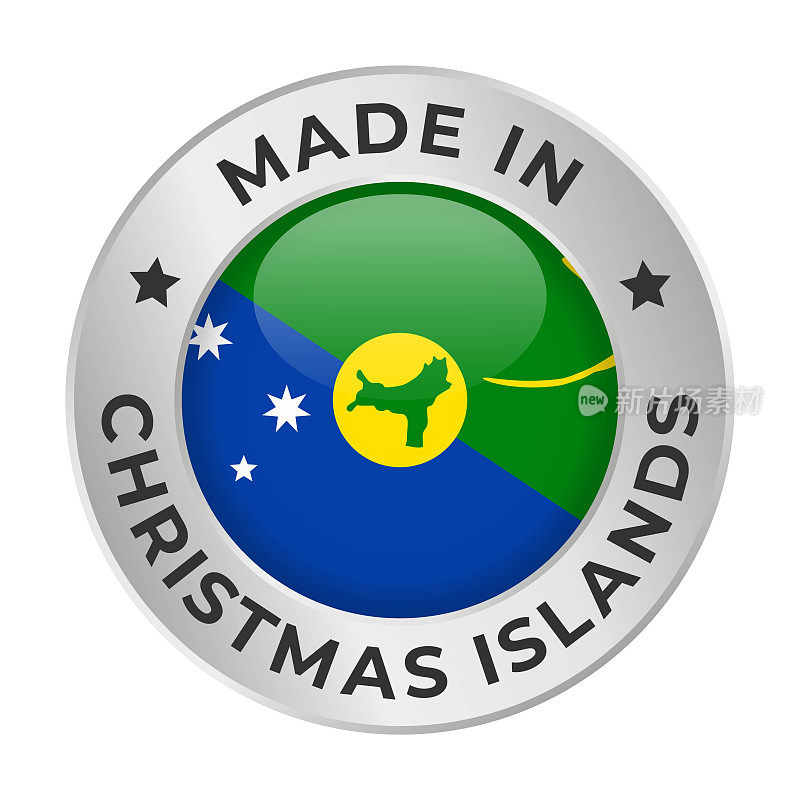 在圣诞岛制造-矢量图形。圆形银色标签徽章，印有圣诞岛旗帜及圣诞岛文字。白底隔离