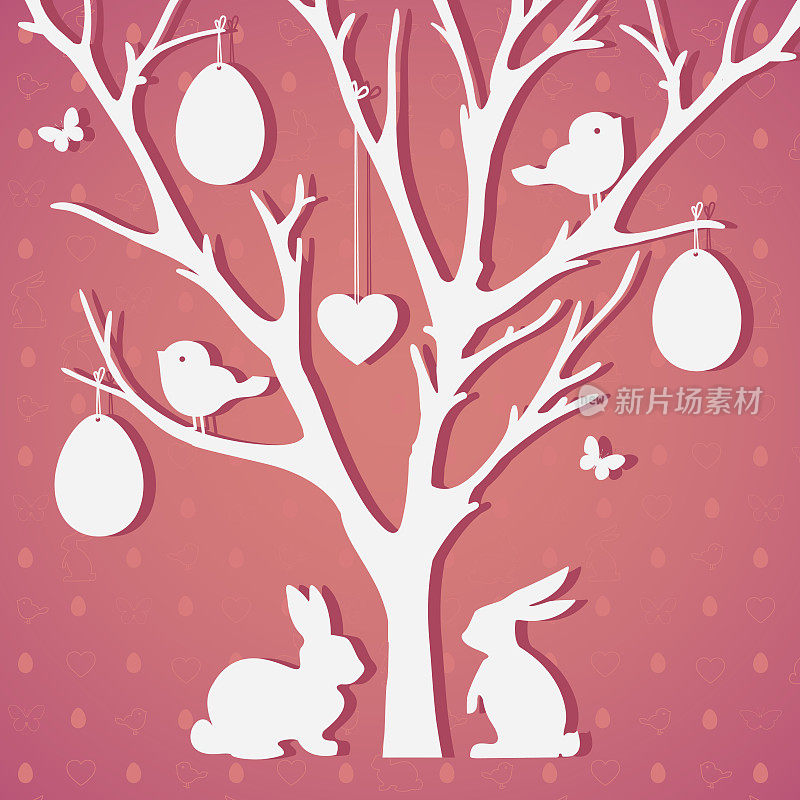 有彩蛋和兔子的复活节树。完美的邀请，张贴