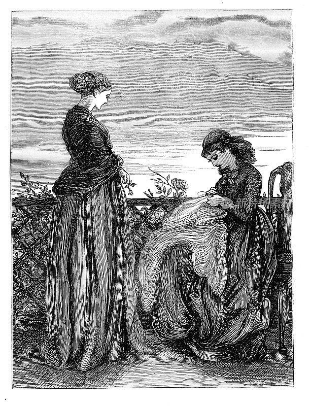 女孩坐着做针线活，和站着的朋友在户外看1867杂志
