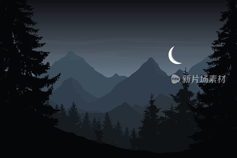 矢量图的山景观与森林阴天夜空下与月亮
