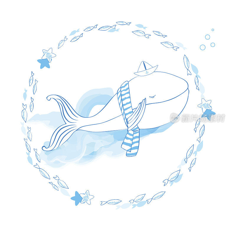 蓝鲸在围巾与纸船卡通插图孤立在水彩波浪背景，矢量涂鸦动物，圆框鱼线艺术，人物设计的旅行卡，儿童邀请