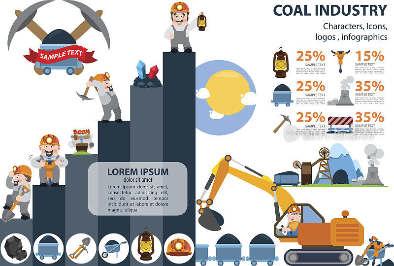 煤炭行业的图标、人物、信息图表。