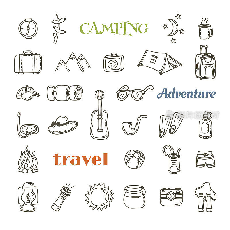 手绘露营图标集。收集露营和徒步旅行