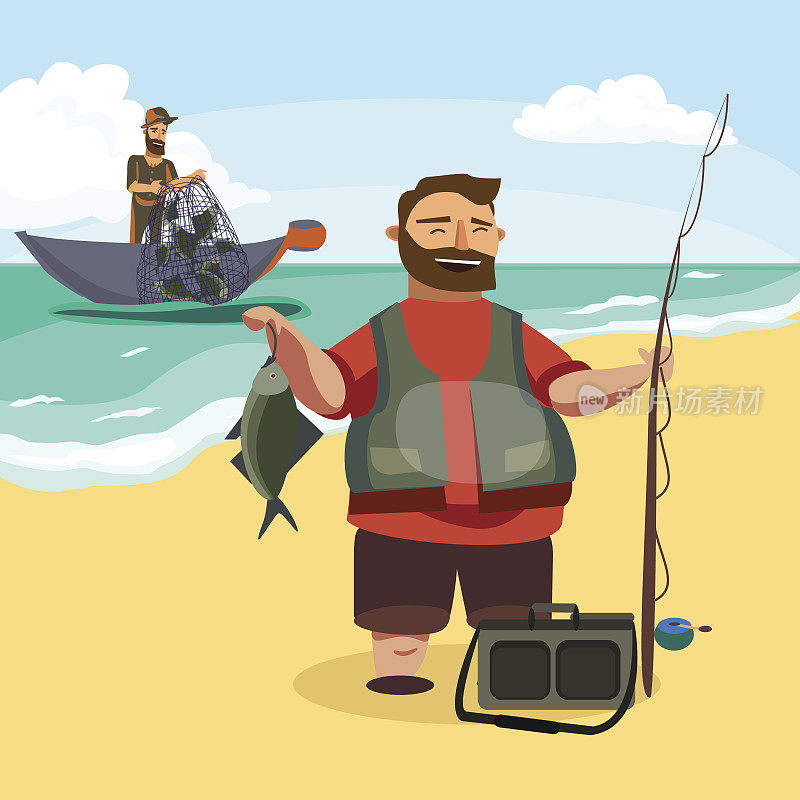 快乐的渔夫站在和握在手里的钓竿与旋转和钓鱼，袋与渔夫旋转和设备，有趣的卡通矢量插图，人活跃的假期横幅或传单的概念