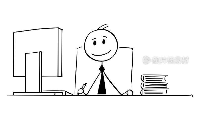 微笑的商人在办公室工作的漫画