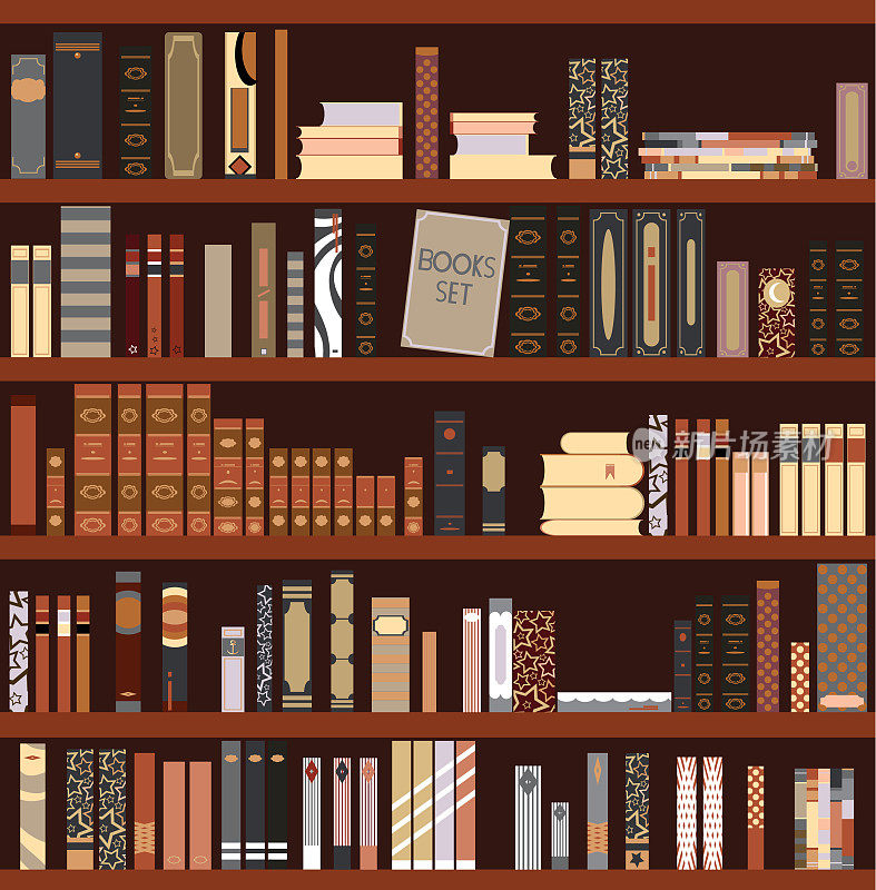 图书馆书架背景。书籍和知识。教育图书馆书店概念。矢量平面插图。