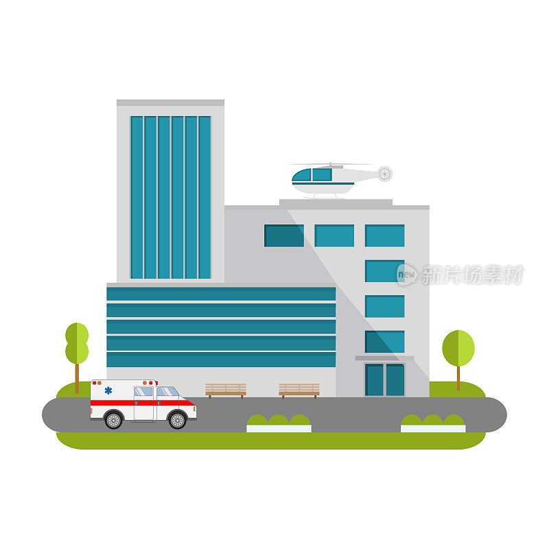 市医院大楼设有救护车扁平式和轿车及直升机式的医疗护理。