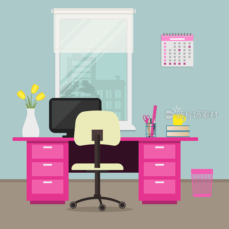 粉红色的办公室。工作场所。家庭办公室