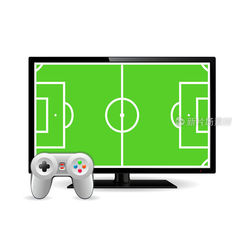 足球屏幕上的操纵杆和电视。视频游戏的概念。向量