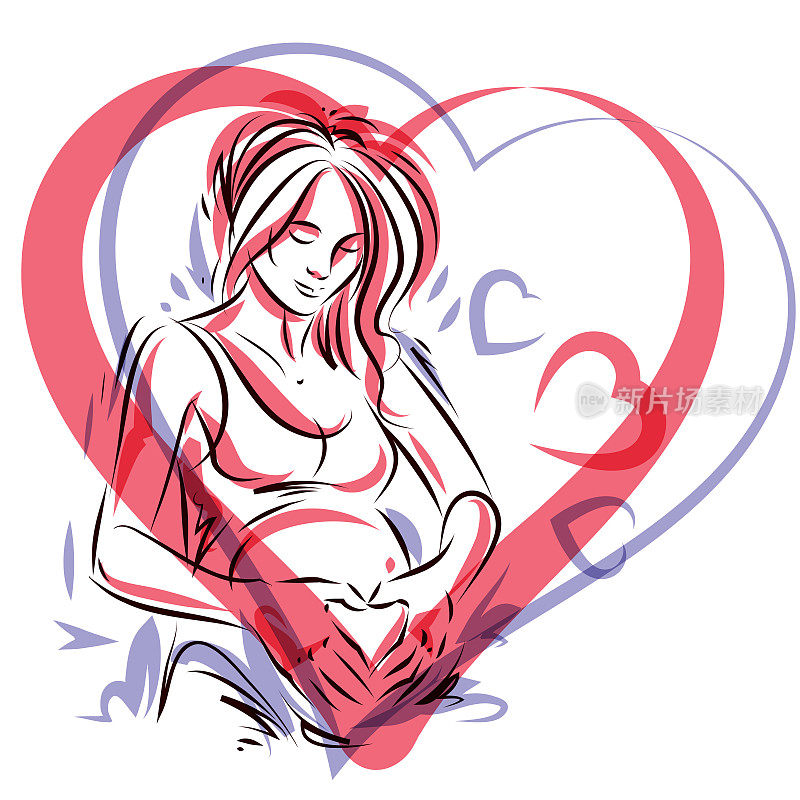 孕妇优雅的女人期待宝宝，手绘矢量插图由心形框架构成。爱和爱抚的主题。母亲的一天。