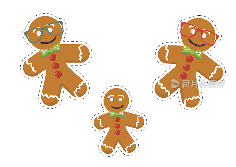 姜饼人贴图矢量模板。圣诞传统甜饼干或卡通人物饼干做成的风格。也可以作为圣尼古拉斯节或盛宴的姜饼人贴纸。
