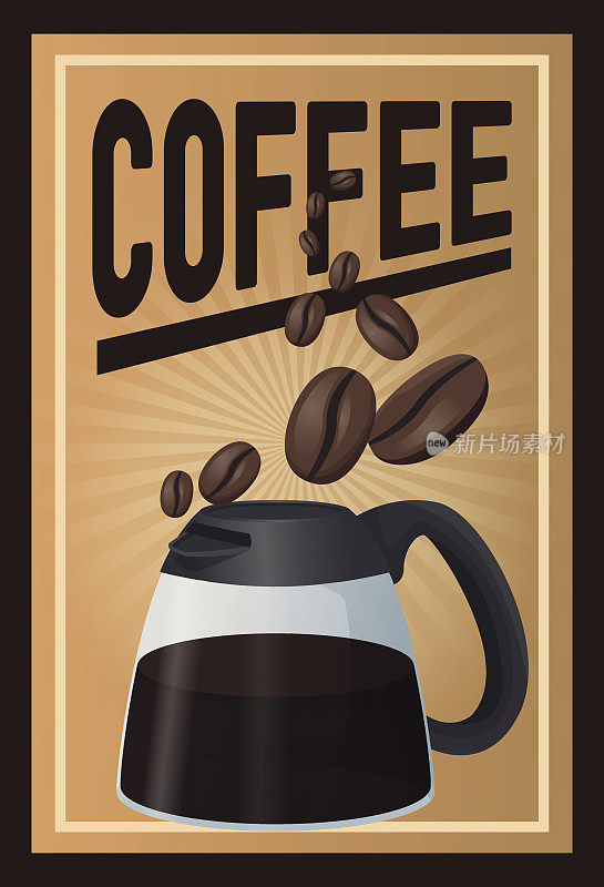 线性发光的彩色海报咖啡和带手柄的咖啡玻璃罐