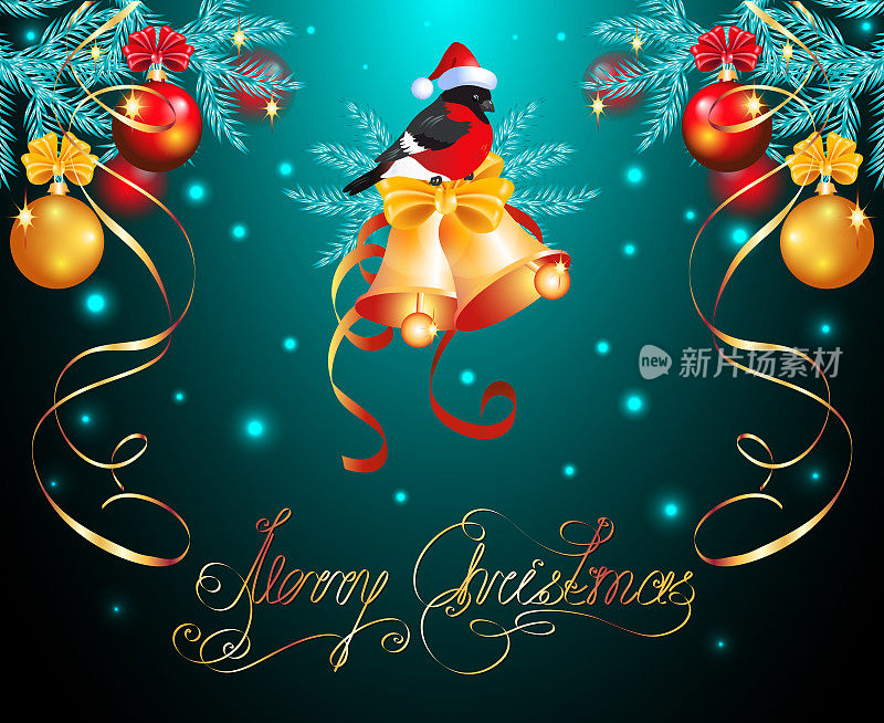 圣诞贺卡装饰球，金铃和红腹灰雀