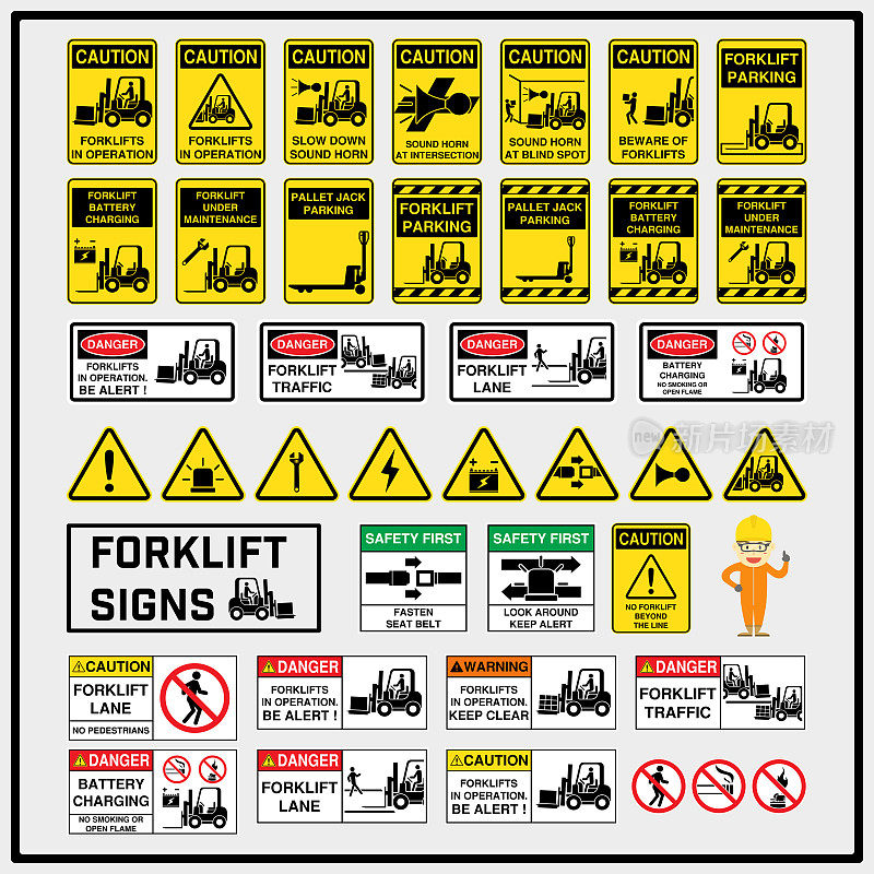 叉车操作的安全警示标志和标志，供应行业使用的叉车操作标志，叉车，叉车