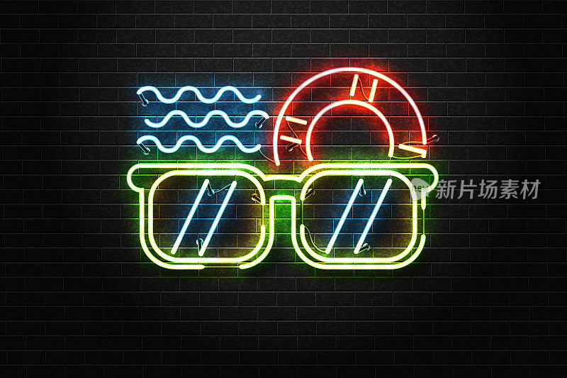 矢量现实孤立的霓虹灯玻璃和海洋装饰和覆盖在墙壁背景。快乐假期、休闲、夏日时光的概念。