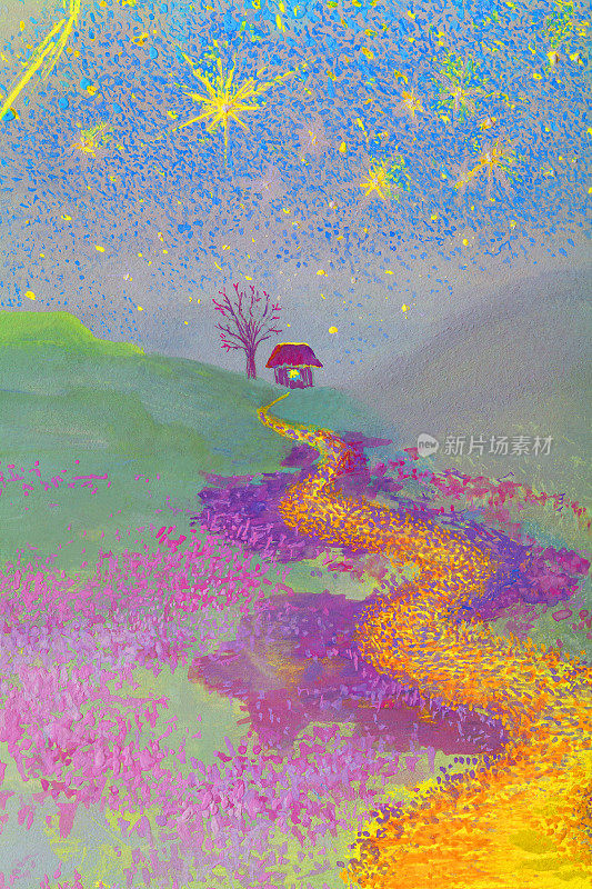 时尚的插图现代艺术作品我的原始油画在画布上家庭的寓言画价值家庭和幸福有爱的人的爱和孩子象征性的景观与一棵树和美丽的房子盛开的雏菊和一个苏