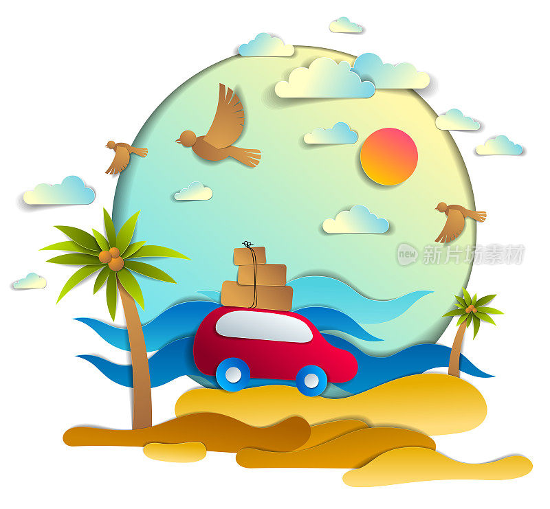 红色小车载着行李在风景如画的海景中，沙滩和棕榈树，海浪，天空中的鸟和云，剪纸风格矢量插画的暑假旅游和旅游，家人或朋友。