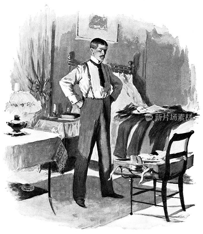 19世纪，在英国伦敦的一家旅馆里，一名男子正在打开他的手提箱