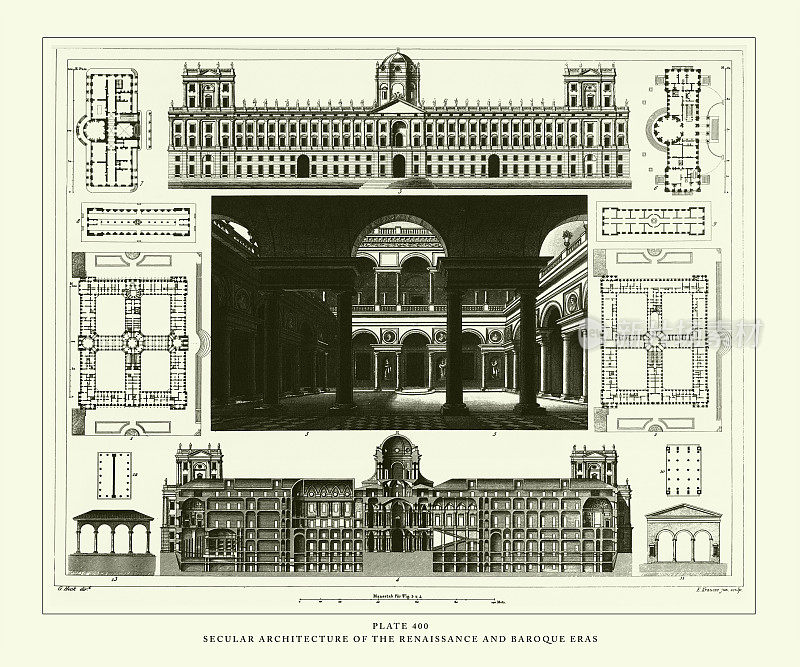 雕刻古董，文艺复兴和巴洛克时代的世俗建筑雕刻古董插图，出版于1851年