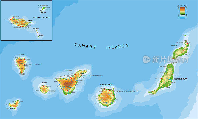加那利和马德拉群岛的物理地图
