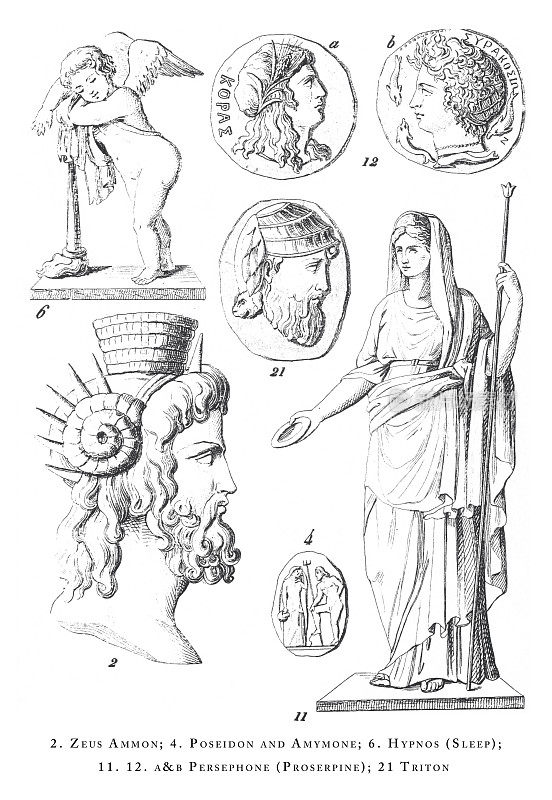宙斯阿蒙，波塞冬和Amymone，催眠(睡眠)，珀耳塞福涅(proserpine)，特里同，神和神话人物雕刻的古玩插图，出版1851年
