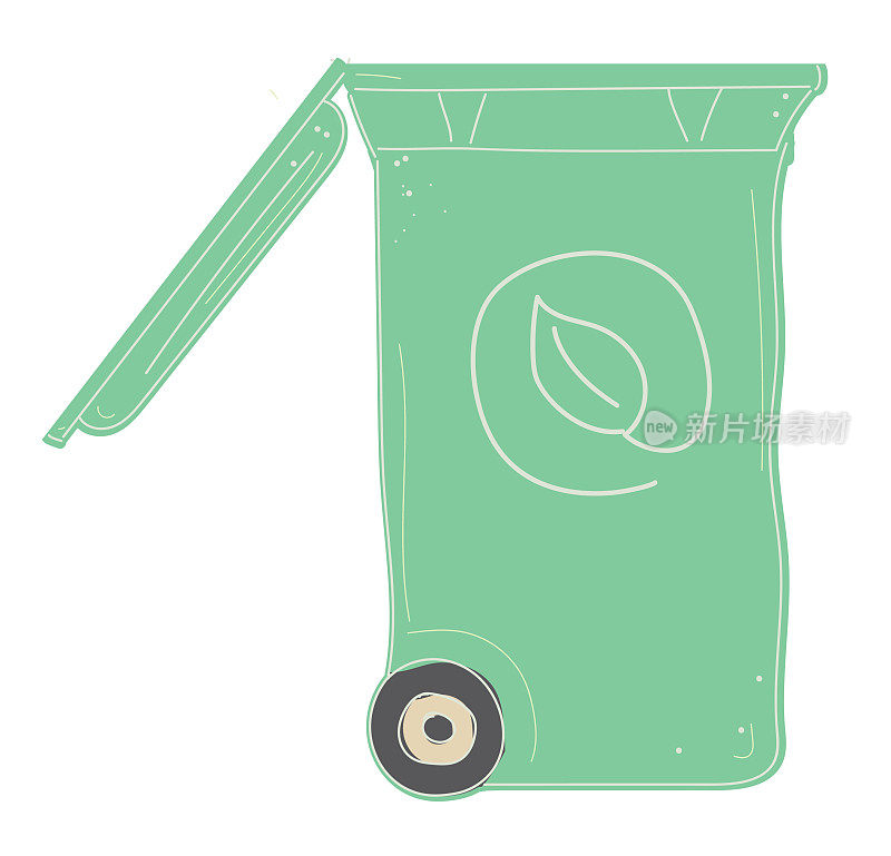 堆肥回收箱与打开的盖子图标上的白色背景
