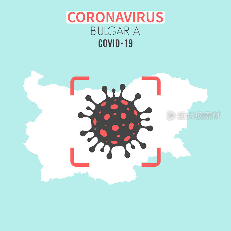 保加利亚地图，红色取景器显示冠状病毒(COVID-19)细胞